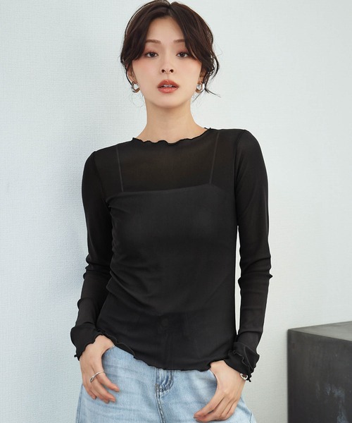 LOWO（ロワ）の「シアートップス 長袖 メロウ シースルートップス レイヤードトップス オケージョン 結婚式 パーティー お呼ばれ《着用動画あり》（Tシャツ/カットソー・レディース・ブラック/ブラウン/ブルー/アイボリー/ホワイト/グレー・FREE）」の12枚目の写真