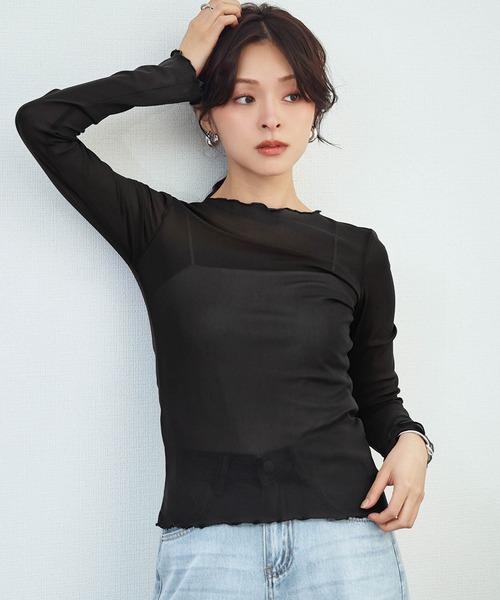 LOWO（ロワ）の「シアートップス 長袖 メロウ シースルートップス レイヤードトップス オケージョン 結婚式 パーティー お呼ばれ《着用動画あり》（Tシャツ/カットソー・レディース・ブラック/ブラウン/ブルー/アイボリー/ホワイト/グレー・FREE）」の13枚目の写真