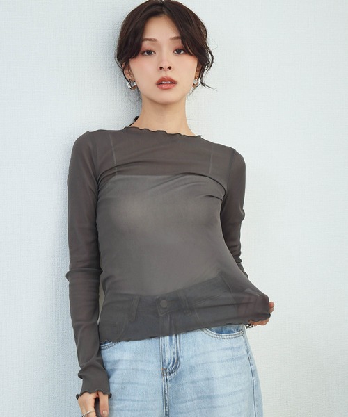 LOWO（ロワ）の「シアートップス 長袖 メロウ シースルートップス レイヤードトップス オケージョン 結婚式 パーティー お呼ばれ《着用動画あり》（Tシャツ/カットソー・レディース・ブラック/ブラウン/ブルー/アイボリー/ホワイト/グレー・FREE）」の14枚目の写真