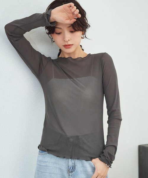 LOWO（ロワ）の「シアートップス 長袖 メロウ シースルートップス レイヤードトップス オケージョン 結婚式 パーティー お呼ばれ《着用動画あり》（Tシャツ/カットソー・レディース・ブラック/ブラウン/ブルー/アイボリー/ホワイト/グレー・FREE）」の15枚目の写真