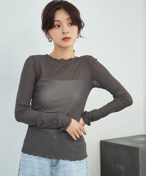 LOWO（ロワ）の「シアートップス 長袖 メロウ シースルートップス レイヤードトップス オケージョン 結婚式 パーティー お呼ばれ《着用動画あり》（Tシャツ/カットソー・レディース・ブラック/ブラウン/ブルー/アイボリー/ホワイト/グレー・FREE）」の16枚目の写真