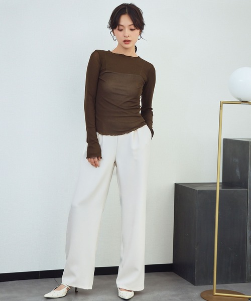 LOWO（ロワ）の「シアートップス 長袖 メロウ シースルートップス レイヤードトップス オケージョン 結婚式 パーティー お呼ばれ《着用動画あり》（Tシャツ/カットソー・レディース・ブラック/ブラウン/ブルー/アイボリー/ホワイト/グレー・FREE）」の18枚目の写真