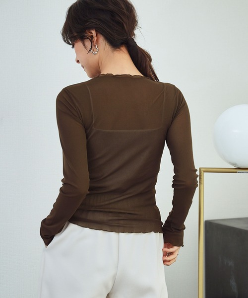 LOWO（ロワ）の「シアートップス 長袖 メロウ シースルートップス レイヤードトップス オケージョン 結婚式 パーティー お呼ばれ《着用動画あり》（Tシャツ/カットソー・レディース・ブラック/ブラウン/ブルー/アイボリー/ホワイト/グレー・FREE）」の19枚目の写真