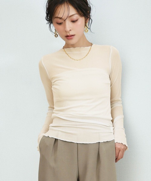 LOWO（ロワ）の「シアートップス 長袖 メロウ シースルートップス レイヤードトップス オケージョン 結婚式 パーティー お呼ばれ《着用動画あり》（Tシャツ/カットソー・レディース・ブラック/ブラウン/ブルー/アイボリー/ホワイト/グレー・FREE）」の20枚目の写真