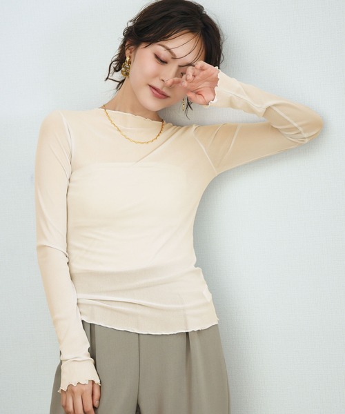 LOWO（ロワ）の「シアートップス 長袖 メロウ シースルートップス レイヤードトップス オケージョン 結婚式 パーティー お呼ばれ《着用動画あり》（Tシャツ/カットソー・レディース・ブラック/ブラウン/ブルー/アイボリー/ホワイト/グレー・FREE）」の21枚目の写真
