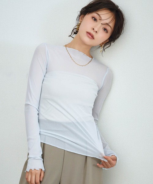 LOWO（ロワ）の「シアートップス 長袖 メロウ シースルートップス レイヤードトップス オケージョン 結婚式 パーティー お呼ばれ《着用動画あり》（Tシャツ/カットソー・レディース・ブラック/ブラウン/ブルー/アイボリー/ホワイト/グレー・FREE）」の22枚目の写真