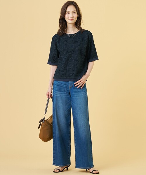 J.PRESS Ladies(J.プレス レディス)の「【一枚で着映え・シーンレスに活躍】レーシーコンビ クルーネック カットソー(Tシャツ/カットソー・レディース・ホワイト系/スカイブルー系/ネイビー系/ベージュ系・SMALL)」の8枚目の写真