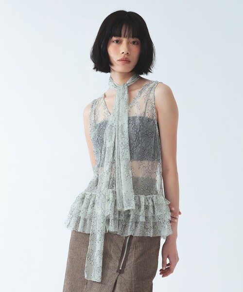 Ray BEAMS(レイビームス)の「レース フリル ボウタイ ノースリーブ ブラウス(Tシャツ/カットソー・レディース・ブラック/オフホワイト・ONE SIZE)」の6枚目の写真