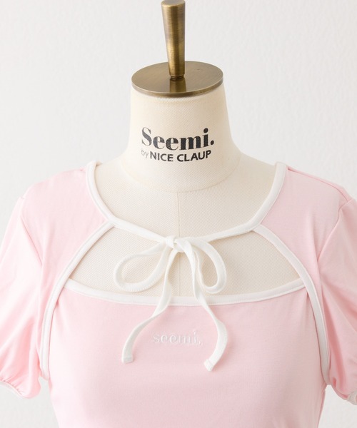 Seemi. byNICECLAUP( シーミーバイナイスクラップ)の「フロントオープンリボントップス(Tシャツ/カットソー・レディース・オフホワイト/ピンク/ブラック・FREE)」の6枚目の写真
