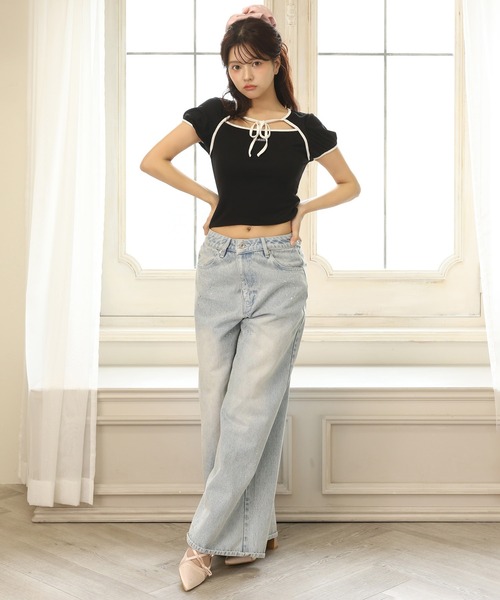 Seemi. byNICECLAUP( シーミーバイナイスクラップ)の「フロントオープンリボントップス(Tシャツ/カットソー・レディース・オフホワイト/ピンク/ブラック・FREE)」の18枚目の写真