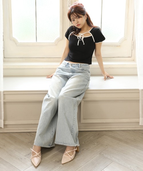 Seemi. byNICECLAUP( シーミーバイナイスクラップ)の「フロントオープンリボントップス(Tシャツ/カットソー・レディース・オフホワイト/ピンク/ブラック・FREE)」の19枚目の写真