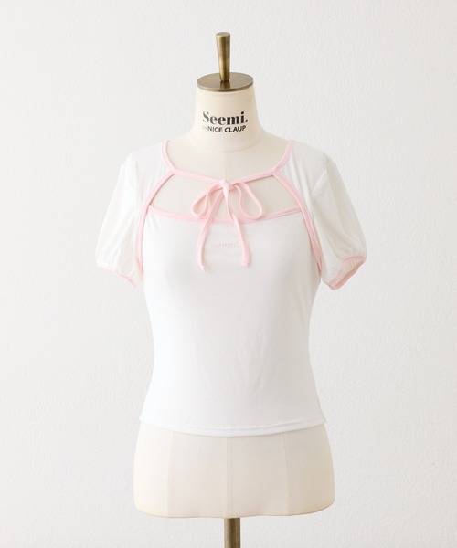 Seemi. byNICECLAUP( シーミーバイナイスクラップ)の「フロントオープンリボントップス(Tシャツ/カットソー・レディース・オフホワイト/ピンク/ブラック・FREE)」の16枚目の写真