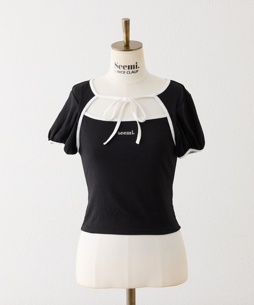 Seemi. byNICECLAUP( シーミーバイナイスクラップ)の「フロントオープンリボントップス(Tシャツ/カットソー・レディース・オフホワイト/ピンク/ブラック・FREE)」の17枚目の写真