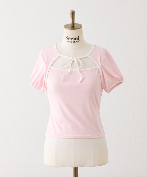Seemi. byNICECLAUP( シーミーバイナイスクラップ)の「フロントオープンリボントップス(Tシャツ/カットソー・レディース・オフホワイト/ピンク/ブラック・FREE)」の15枚目の写真