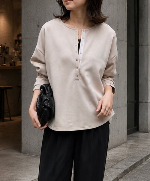 Emma Taylor(エマテイラー)の「ライトダンボールグログランヘンリーネックプルオーバー(Tシャツ/カットソー・レディース・ブラック/チャコールグレー/ライトベージュ・FREE)」の8枚目の写真