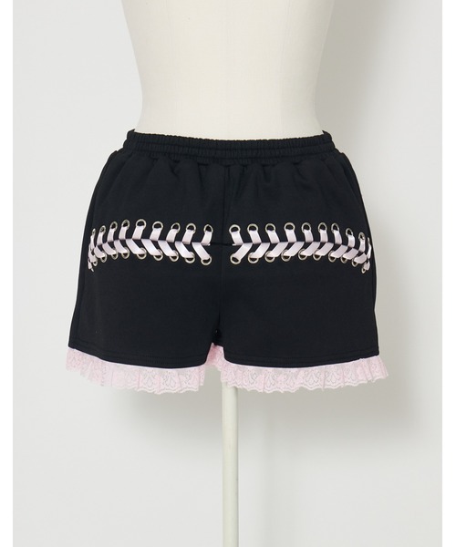 AVENCHUMU(アバンチュウム)の「Lace up & heart pocket short pants(その他パンツ・レディース・ブラック/ピンク/ブラック×ピンク・FREE)」の1枚目の写真