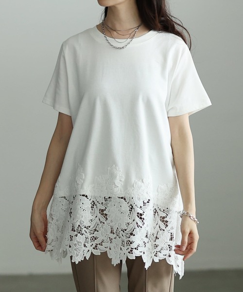 Sawa a la mode(サワアラモード)の「レースヘムロングTシャツ(Tシャツ/カットソー・レディース・ブラック/ホワイト・FREE)」の1枚目の写真