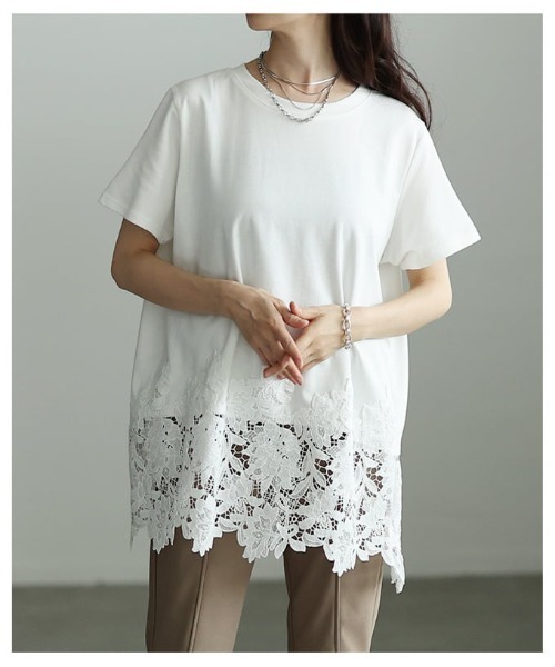 Sawa a la mode(サワアラモード)の「レースヘムロングTシャツ(Tシャツ/カットソー・レディース・ブラック/ホワイト・FREE)」の5枚目の写真