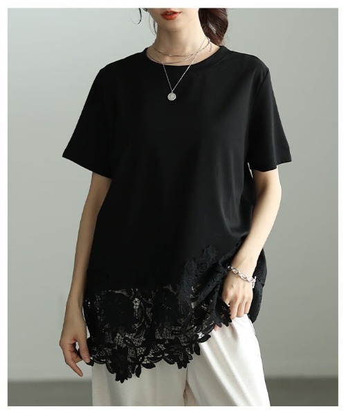 Sawa a la mode(サワアラモード)の「レースヘムロングTシャツ(Tシャツ/カットソー・レディース・ブラック/ホワイト・FREE)」の13枚目の写真