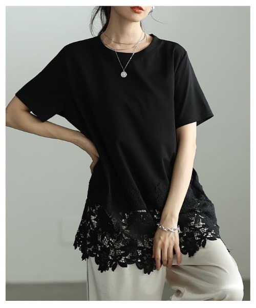 Sawa a la mode(サワアラモード)の「レースヘムロングTシャツ(Tシャツ/カットソー・レディース・ブラック/ホワイト・FREE)」の16枚目の写真
