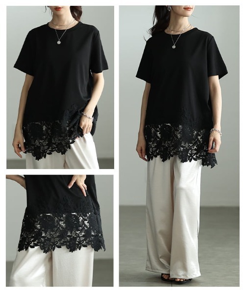 Sawa a la mode(サワアラモード)の「レースヘムロングTシャツ(Tシャツ/カットソー・レディース・ブラック/ホワイト・FREE)」の18枚目の写真