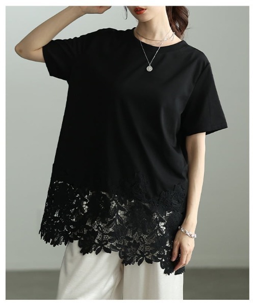 Sawa a la mode(サワアラモード)の「レースヘムロングTシャツ(Tシャツ/カットソー・レディース・ブラック/ホワイト・FREE)」の19枚目の写真