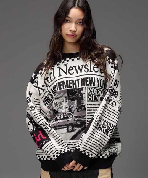 X-girl(エックスガール)の「X-girl NEWS LETTER JACQUARD KNIT TOP(ニット/セーター・レディース・ホワイト・ONE SIZE)」の1枚目の写真