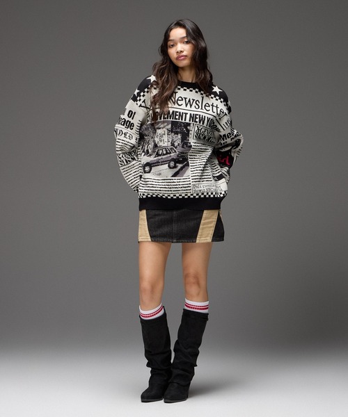 X-girl(エックスガール)の「X-girl NEWS LETTER JACQUARD KNIT TOP(ニット/セーター・レディース・ホワイト・ONE SIZE)」の8枚目の写真