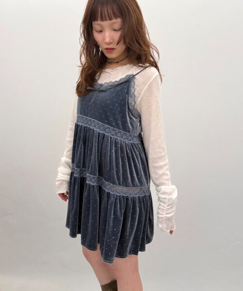 w closet(ダブルクローゼット)の「ベロアレース使いミニキャミワンピース(ワンピース・レディース・ベージュ/イエロー/ブラック/ブルー・FREE)」の10枚目の写真
