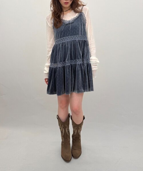 w closet(ダブルクローゼット)の「ベロアレース使いミニキャミワンピース(ワンピース・レディース・ベージュ/イエロー/ブラック/ブルー・FREE)」の12枚目の写真