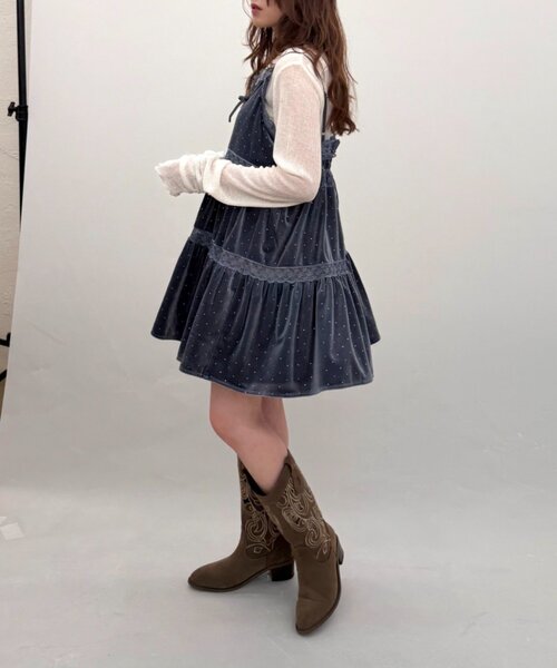w closet(ダブルクローゼット)の「ベロアレース使いミニキャミワンピース(ワンピース・レディース・ベージュ/イエロー/ブラック/ブルー・FREE)」の13枚目の写真
