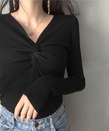 フロントツイスト Vネック リブニット トップス レディース