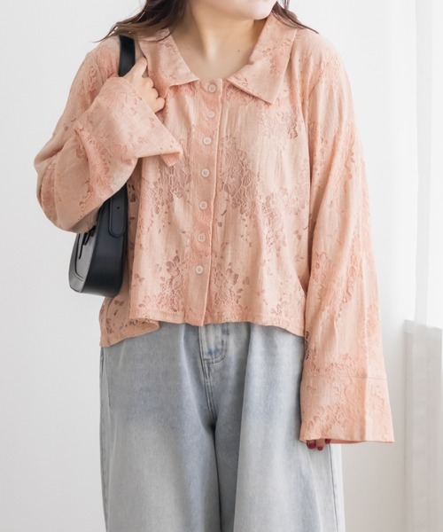 CLETTE(クレット)の「カラーレースシャツ(シャツ/ブラウス・レディース・ブラック/ピンク/イエロー・LL/4L/3L)」の1枚目の写真