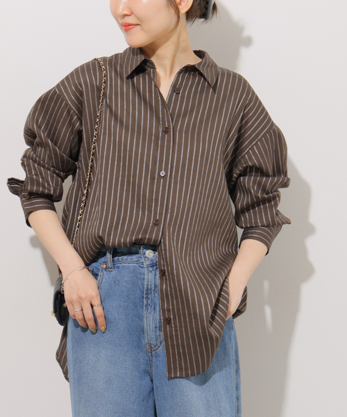 JOURNAL STANDARD relume(ジャーナルスタンダード レリューム)の「ニュアンスカラーストライプシャツ(シャツ/ブラウス・レディース・ネイビー/ブラウン/カーキ・FREE)」の1枚目の写真