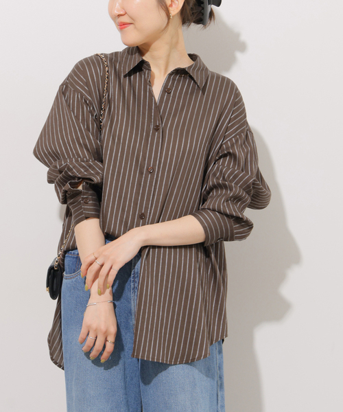 JOURNAL STANDARD relume(ジャーナルスタンダード レリューム)の「ニュアンスカラーストライプシャツ(シャツ/ブラウス・レディース・ネイビー/ブラウン/カーキ・FREE)」の6枚目の写真