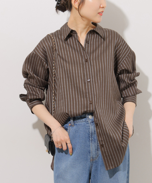 JOURNAL STANDARD relume(ジャーナルスタンダード レリューム)の「ニュアンスカラーストライプシャツ(シャツ/ブラウス・レディース・ネイビー/ブラウン/カーキ・FREE)」の7枚目の写真