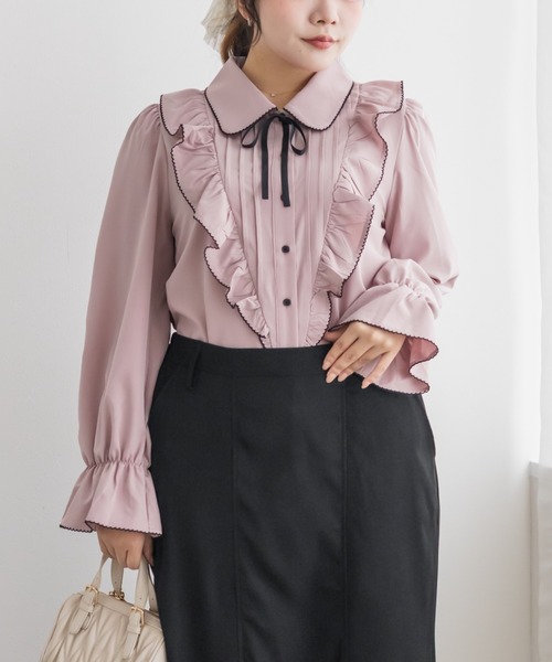 CLETTE（クレット）の「配色リボンフリルブラウス（シャツ/ブラウス・レディース・ホワイト/ブラック/ピンクベージュ・LL/4L/3L）」の3枚目の写真