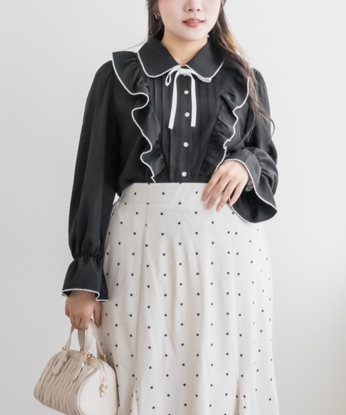 CLETTE（クレット）の「配色リボンフリルブラウス（シャツ/ブラウス・レディース・ホワイト/ブラック/ピンクベージュ・LL/4L/3L）」の11枚目の写真