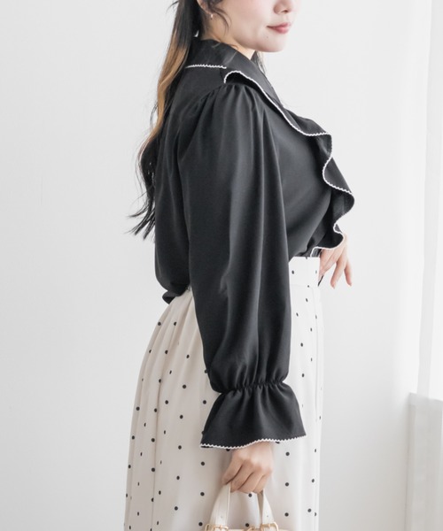 CLETTE（クレット）の「配色リボンフリルブラウス（シャツ/ブラウス・レディース・ホワイト/ブラック/ピンクベージュ・LL/4L/3L）」の12枚目の写真