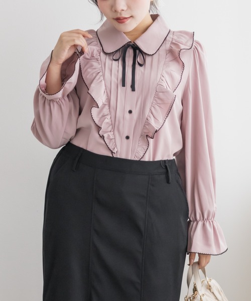 CLETTE（クレット）の「配色リボンフリルブラウス（シャツ/ブラウス・レディース・ホワイト/ブラック/ピンクベージュ・LL/4L/3L）」の14枚目の写真