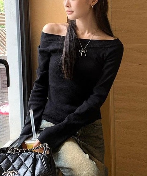Songe(ソンジュ)の「袖スリットオフショルダー長袖ニットトップス(ニット/セーター・レディース・グレー/ブラック・FREE)」の16枚目の写真