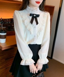 配色リボン フリルレースブラウス