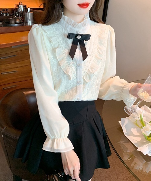 LUCPY(ラクピー)の「配色リボン フリルレースブラウス(シャツ/ブラウス・レディース・アイボリー・MEDIUM/X-LARGE/LARGE/SMALL)」の3枚目の写真