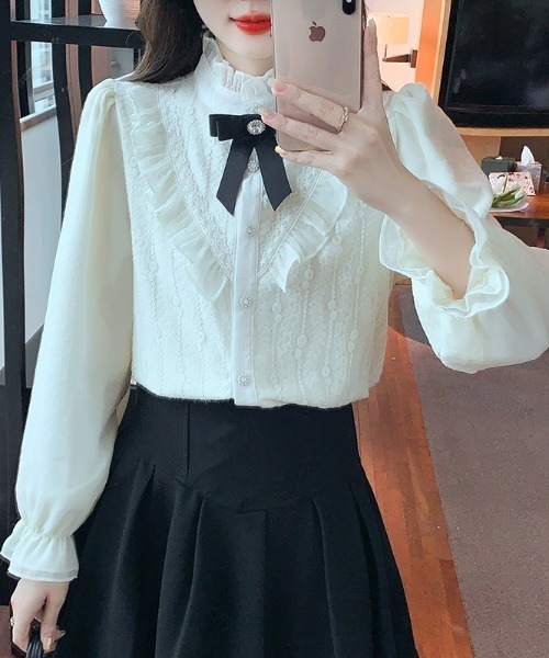 LUCPY(ラクピー)の「配色リボン フリルレースブラウス(シャツ/ブラウス・レディース・アイボリー・MEDIUM/X-LARGE/LARGE/SMALL)」の4枚目の写真