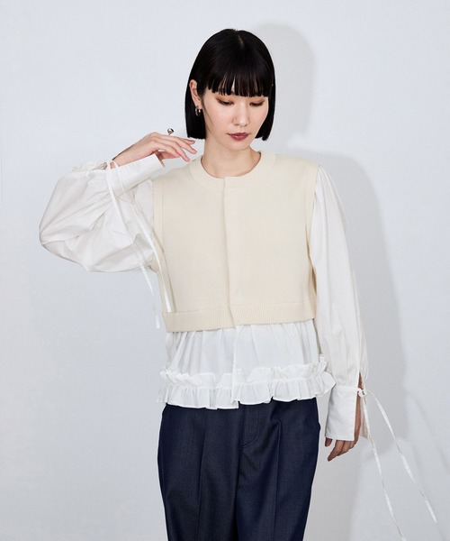 ADAM ET ROPE'(アダムエロペ)の「【サステナブル】パフスリーブニットコンビカーディガン(カーディガン/ボレロ・レディース・ブラック/キナリ・FREE)」の5枚目の写真