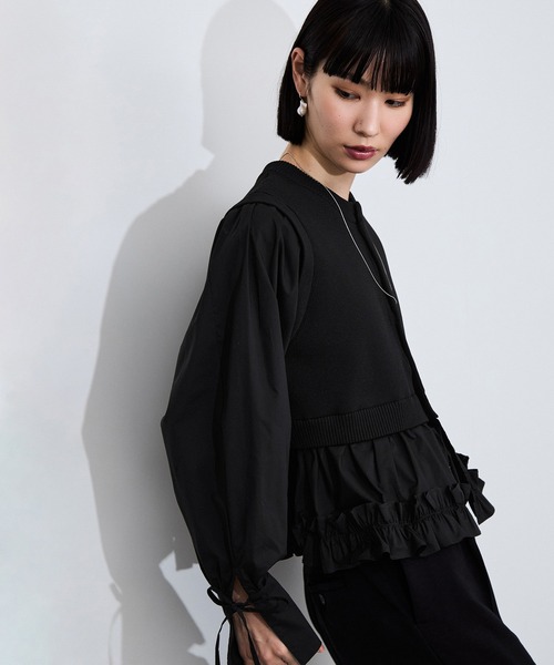 ADAM ET ROPE'(アダムエロペ)の「【サステナブル】パフスリーブニットコンビカーディガン(カーディガン/ボレロ・レディース・ブラック/キナリ・FREE)」の10枚目の写真
