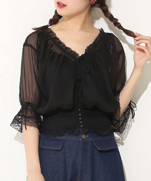 one after another NICE CLAUP(ワンアフターアナザーナイスクラップ)の「ヴィンテージ羽織りブラウス(シャツ/ブラウス・レディース・ブラック/ベージュ/オフホワイト・FREE)」の3枚目の写真