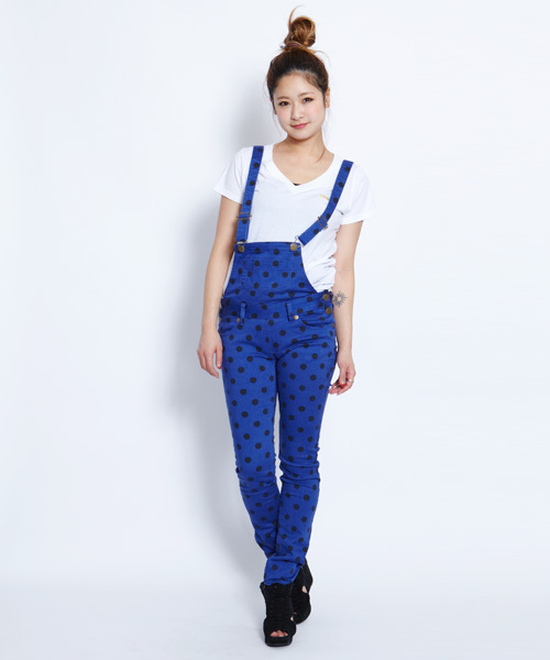X-girl（エックスガール）の「POLKA DOT SKINNY SALOPETTES 