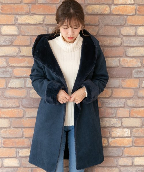 人気のファッショントレンド 綺麗なフェイク ムートン コート ネイビー