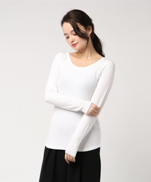 three dots(スリードッツ)の「レーヨンリブ オープンネック(Tシャツ/カットソー・レディース・ホワイト/ブラック/ネイビー/グリーン/ボルドー・SMALL/MEDIUM)」の2枚目の写真